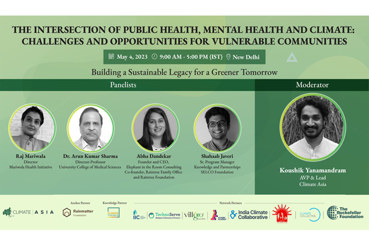 Climate conference panel discussion on climate change, highlighting topics like gender equality, green careers, mental health, public health, and climate philanthropy with expert speakers
