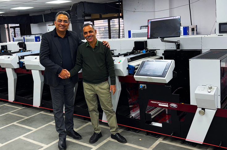 Priya Printers production facility in Sonipat operating Mark Andy Performance Series P9E flexographic printing press for high-speed production of standup pouches, shrink sleeves, and flexible packaging materials