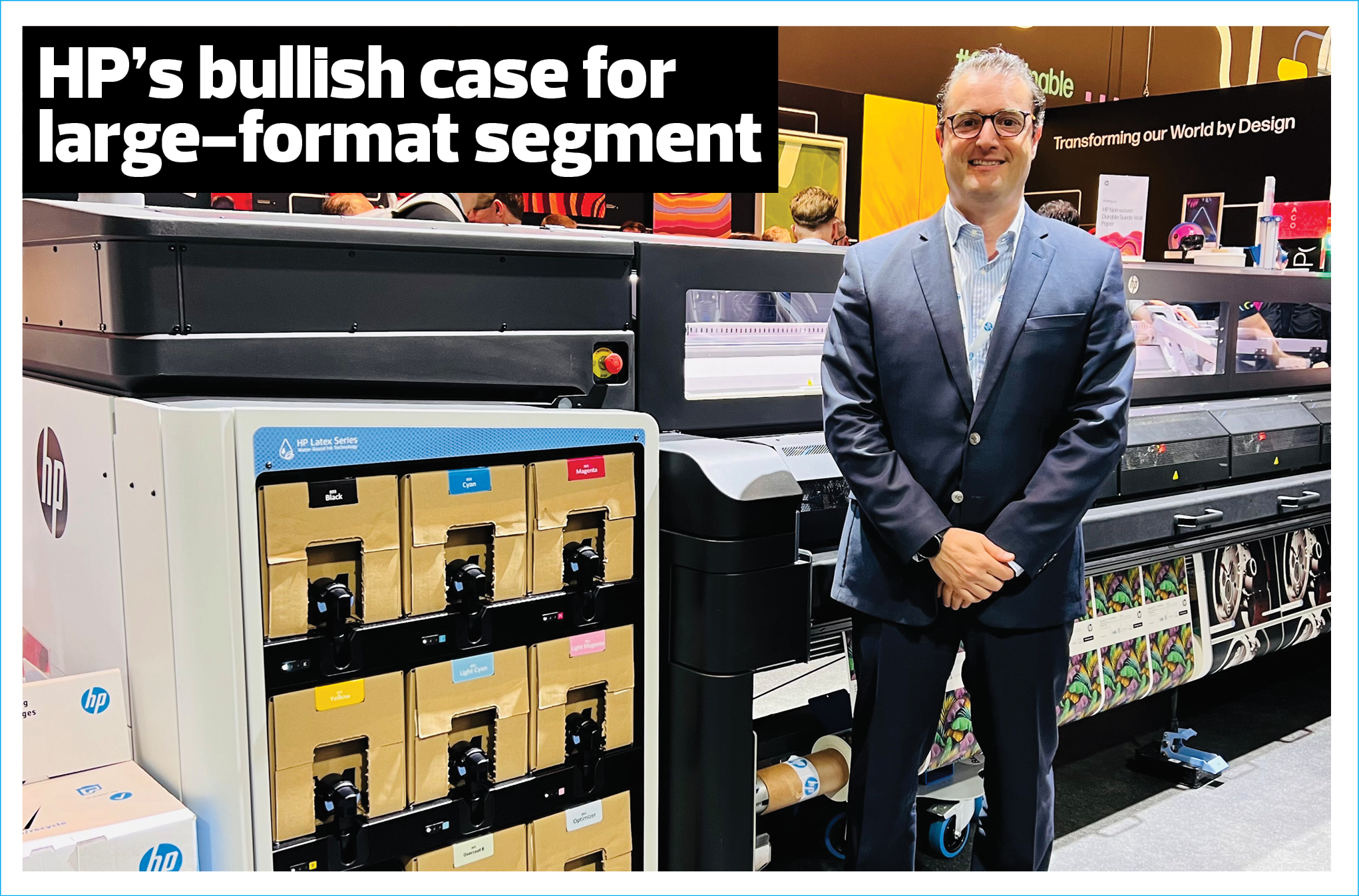 Interview insight from HP global director Oscar Vidal at Drupa 2024 discussing large-format printing growth opportunities, India’s role in the market, and applications of HP Latex technology including thermoforming and innovative large-format print solutions