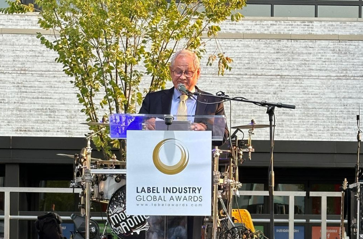 Awards ceremony at Label Industry Global Awards 2024 held at Labelexpo Americas in Rosemont, Illinois, featuring Ferdinand Rüesch being honoured for his lifelong contribution to the label industry, highlighting legacy, leadership, and global industry recognition