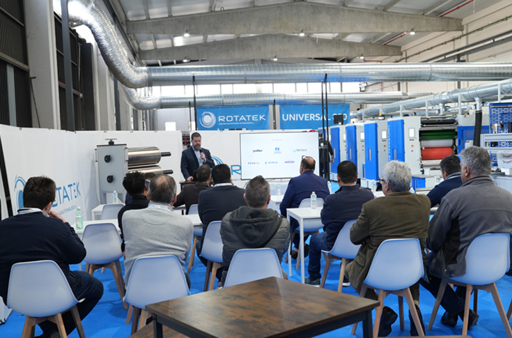 Rotatek open house in Barcelona демонstrating Universal hybrid press platform with offset, flexo, UV curing, and advanced automation technologies for high-value packaging and label production