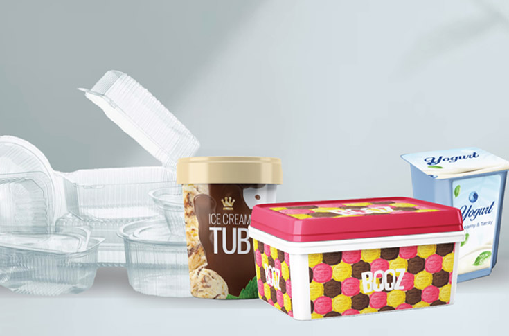 Overview of Cosmo Plastech rigid packaging solutions featuring technical films, HIPS/PP/PET sheets, injection-moulded products, thermoformed containers, in-mould label films, pearlised and matte cold seal films designed for ice cream packaging with moisture resistance, durability, and product protection