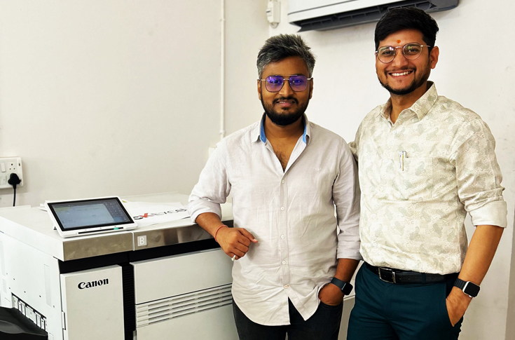HNCO Packaging team in Ahmedabad with the Canon ImagePress V800 digital production press used for in-house printing of mono cartons, labels, stickers, and packaging solutions