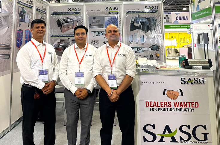 SASG UV Solutions exhibiting at RosUpack 2025 in Moscow, Russia, displaying UV curing systems, anilox coating attachments, cold foiling machines, chilling plants, and drip master technology for printing and packaging applications, attracting strong visitor interest at Crocus Expo International Exhibition Centre