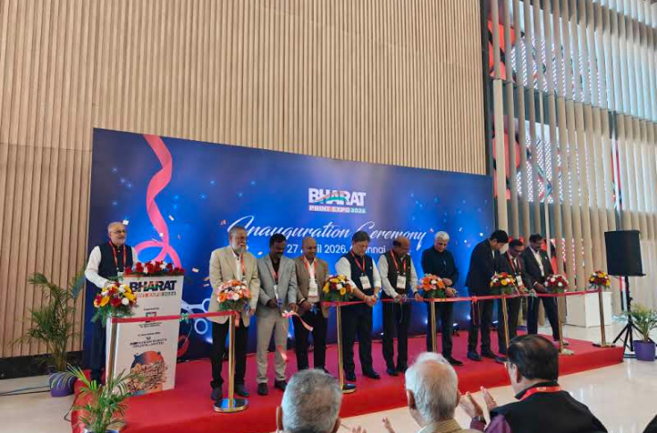 Tushar Dhote inaugurating Bharat Print Expo 2026 at Chennai Trade Centre with industry leaders on stage