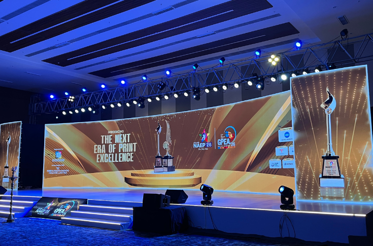 NAEP 2026 and GPEA 2026 award samples displayed at Bharat Print Expo entrance Chennai