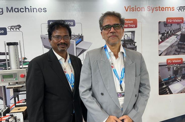 Vincent Swamy of V-Vab Vision Technologies showcasing an Indian-made Braille inspection system designed to verify embossing accuracy, depth, and alignment on pharmaceutical cartons for export compliance