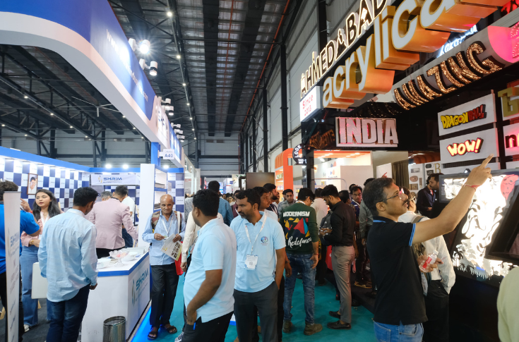 Media Expo Mumbai 2026 exhibition at Bombay Exhibition Centre featuring signage, digital displays, large-format printing technologies, and visual communication solutions with exhibitors and brands from the advertising industry