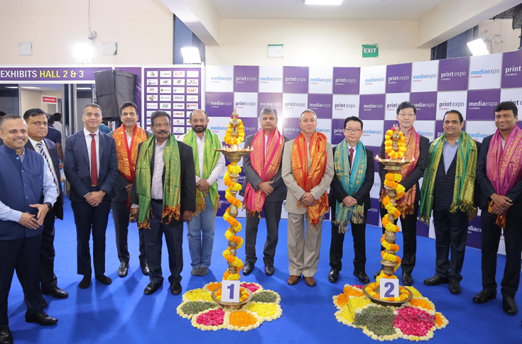 Inauguration of PrintExpo Chennai and MediaExpo Chennai at Chennai Trade Centre, featuring industry leaders and dignitaries from Konica Minolta, Fujifilm India, Epson India, Canon India, Xerox India, Monotech Systems, and other organizations, showcasing innovations in printing, signage, and OOH advertising technologies