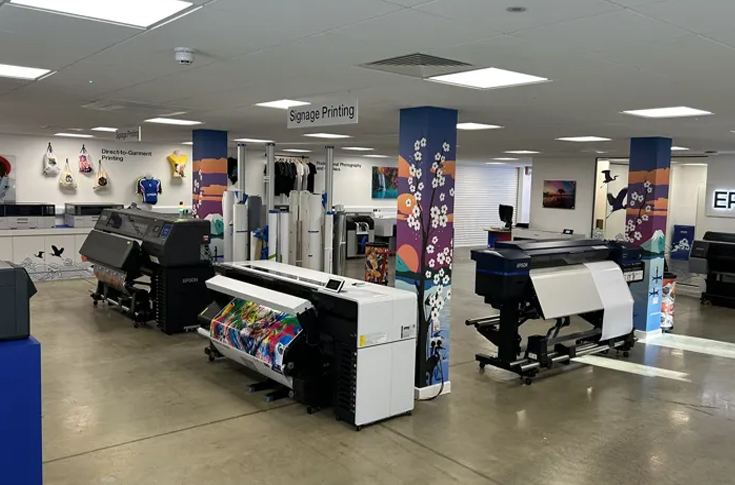 Epson Innovation Centre demonstration of large-format printing, textile, signage, and label production solutions integrated with Fiery RIP and workflow software for commercial print professionals