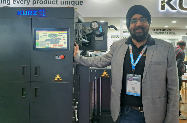 Kurz India digital embellishment system with real-time foiling software enabling design changes and showcasing sustainable foil innovations with reduced material thickness and carbon footprint