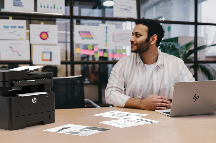 HP Laser M300 Series printers including MFP 323sdnw and 303dw models showcased for Indian SMBs, featuring fast automatic duplex printing, compact design, mobile printing via HP Smart app, and high-speed laser output for business and print shop environments