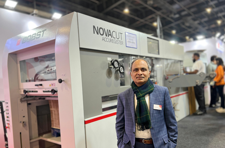 Bobst display at PrintPack 2025 featuring Novafold folder-gluer and Novacut die-cutter with AccuRegister contactless registration technology for folding carton and corrugated packaging applications