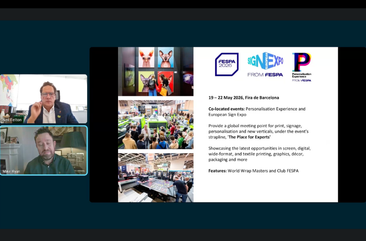 FESPA webinar presentation slide showing announcements for Corrugated and Textile event brands, highlighting packaging and textile printing innovation ahead of the 2026 Barcelona Global Print Expo