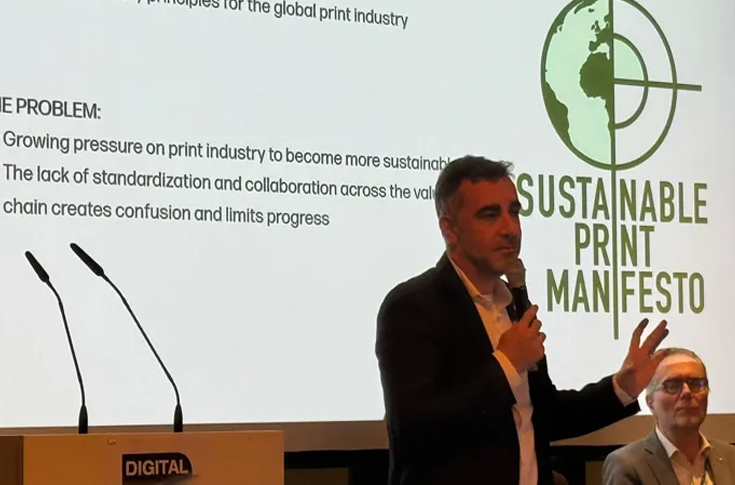 Industry panel discussion at the Sustainable Print Manifesto launch featuring representatives from HP, Gallus, Domino Printing Sciences, and other partners outlining principles for sustainable printing practices and environmental responsibility