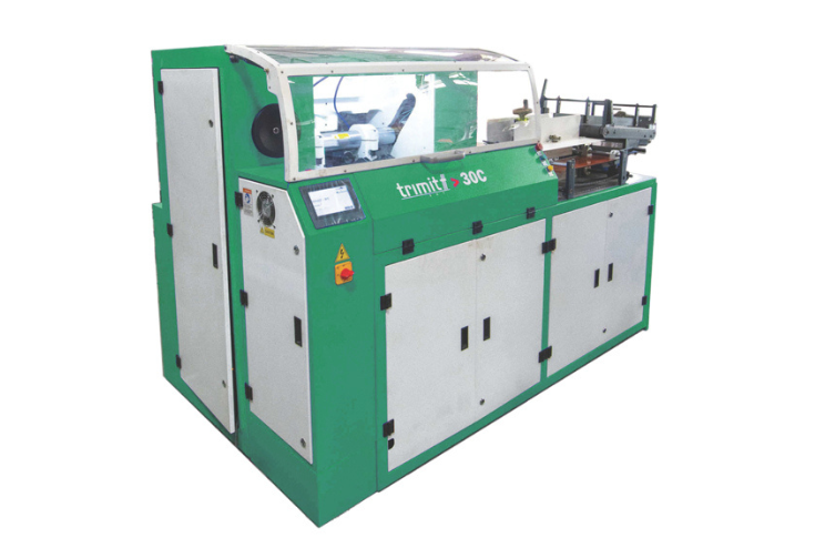 Bindwel Trimit 30C three-knife trimmer trims printed books on three sides at up to 30 cycles per minute, available in DTC, IFT, and inline configurations, and used for books, exercise notebooks, and stationery production