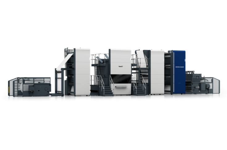 Technical overview of Koenig & Bauer RotaJet web-based inkjet press used for high-volume digital printing in packaging, folding cartons, décor, and book production, featuring variable data printing, hybrid flexo options, wide substrate compatibility, and configurable web widths and production speeds