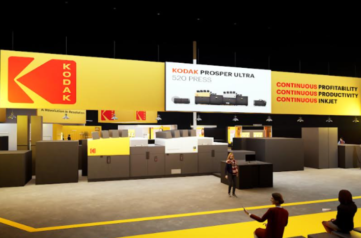 Kodak Prosper Ultra 520 high-speed inkjet press running live print demonstrations with Kodachrome inks, integrated Prinergy workflow software, and Sonora process-free plate technology at Drupa exhibition
