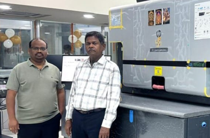 HP Indigo 7K digital printing press at Aaryansh production facility, producing personalised commercial prints such as wedding albums, labels, catalogues, and packaging with high colour accuracy and versatility