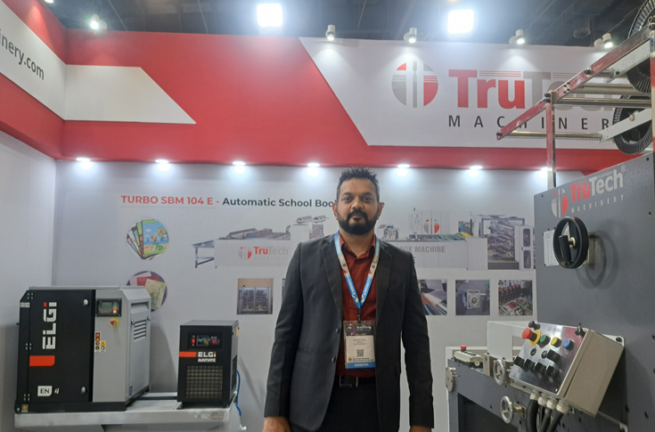Trutech booth at PrintPack 2025 showcasing printing and packaging machinery solutions, with company representatives discussing business growth, exhibition participation, and industry opportunities in India’s manufacturing sector
