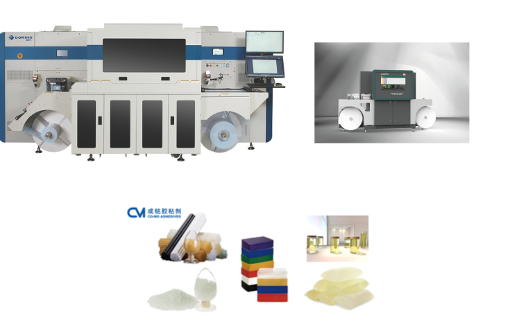 Trade show exhibits featuring Caisheng CS-J380F flexo label press with inline finishing, Cartes digital embellishment and laser die-cutting systems, and Cellopack pressure-sensitive label materials and paper core products for label production