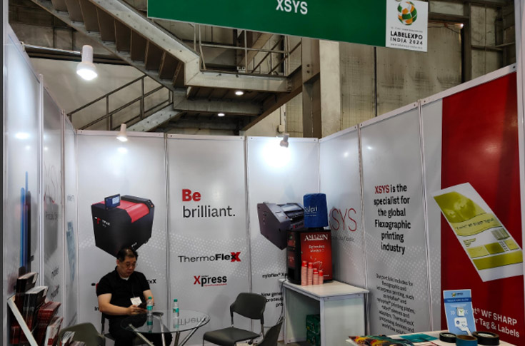XSYS VP Roy Schoettle presenting Nyloflex flexographic printing plates and prepress solutions at Labelexpo India, highlighting innovations for label and packaging printing efficiency