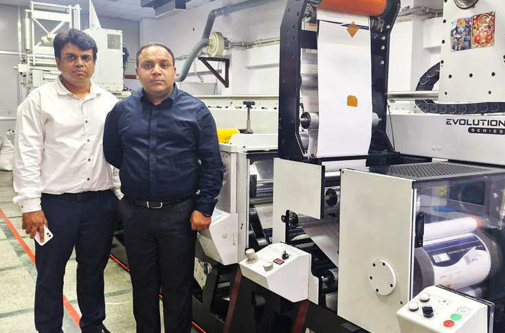 Ravi Print Pack facility in Delhi featuring the Mark Andy Evolution Series E5 flexographic press installed by Flexo Image Graphics, used for high-quality label and sticker production with advanced printing capabilities and improved efficiency