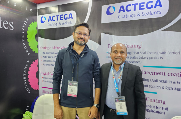 Actega showcasing sustainable barrier coatings for packaging applications including food, cosmetics, and household products at an industry exhibition