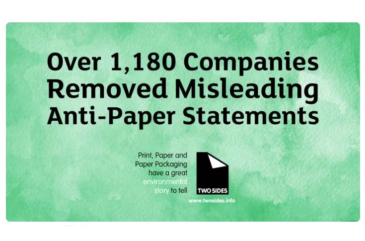 Two Sides advocacy campaign highlighting concerns over greenwashing claims related to paperless communication, sustainable forestry, and consumer preference for printed documents and paper packaging