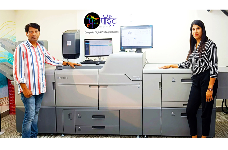Print Point Digital production facility featuring Ricoh Pro C7500 digital colour press alongside Konica Minolta production presses and Epson monochrome printer, supporting commercial printing services including embossing, digital foiling, spot UV, and sticker cutting across its Ambernath and Ulhasnagar branches
