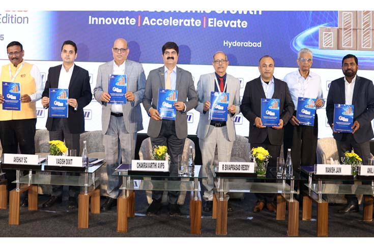 Conference stage at CII TG-PackCON 2025 in Hyderabad featuring speakers discussing sustainable packaging policies, recycling goals, and innovation in the plastics and packaging industry