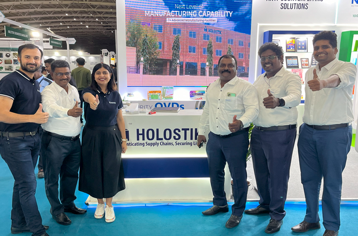 Holostik holographic security films and anti-counterfeiting labels featuring high-resolution holograms for brand protection, alongside NaturTrust biodegradable and compostable eco-friendly bags representing sustainable packaging solutions and circular economy initiatives