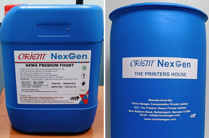 Orient NexGen Consumables showcases its Premium News Fountain Solution designed for web offset newspaper printing with better ink-water balance, reduced wastage, and enhanced press performance