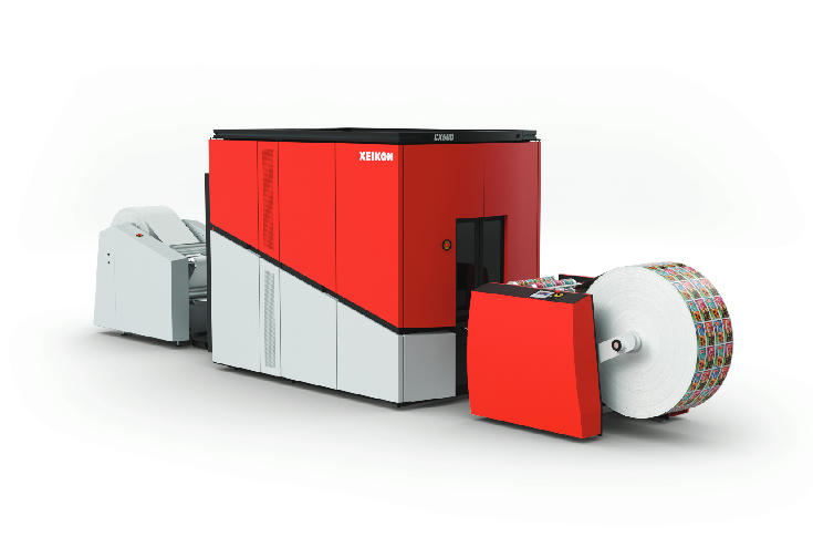 Xeikon CX500 digital label press printing self-adhesive and flexible labels with dry toner technology, showcasing high-speed, food-safe label production and wide-web capabilities