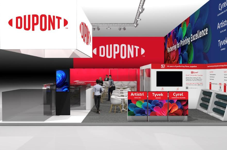 DuPont Artistri digital ink and water-based printing solutions displayed at Drupa 2024, featuring sustainable inks for corrugated packaging, folding cartons, flexible packaging, and textile Direct-to-Film applications