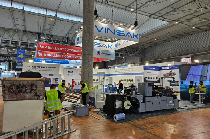 Industry expo showcasing label and packaging printing technology suppliers with focus on automation systems, sustainable production solutions, workflow integration software, and colour management tools