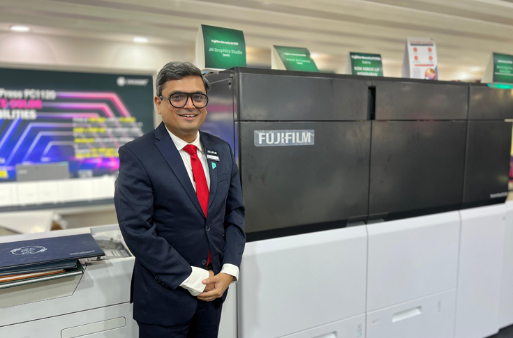 Fujifilm India display at Print event showcasing Revoria PC 1120 digital press and new 100 PPM and 85 PPM models with advanced multi-colour printing, workflow solutions, and print-on-demand applications