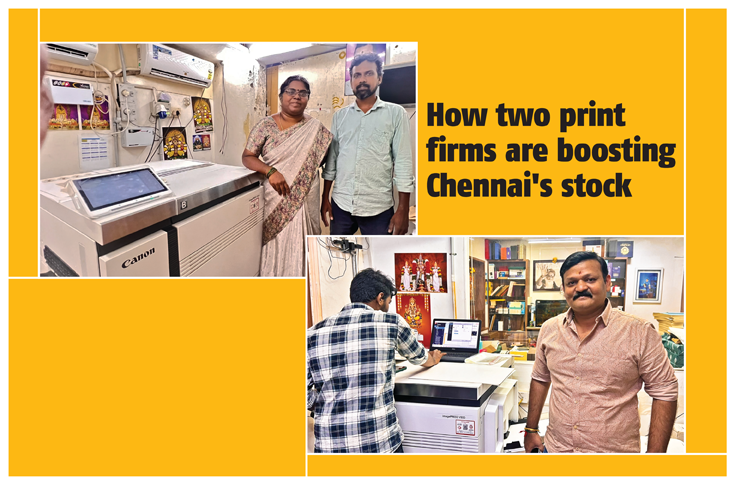 Modern digital printing press in operation producing high-quality printed sheets, representing investment in Canon digital print technology for commercial print production