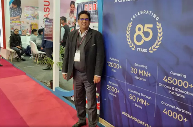 Saurabh Mittal of S Chand announcing FY24 financial results with revenue growth, record cash flows, and net debt-free achievement