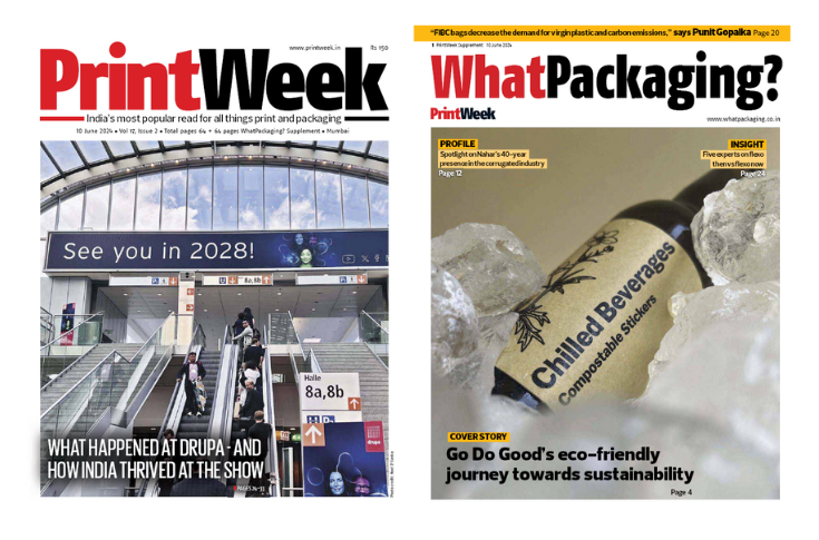 Cover feature summary of PrintWeek June issue showcasing Emami Paper interview on growth strategy, Srinivas Papers supply chain insights, Omega Printopack Komori investment case study, and industry themes including automation, AI, and sustainable packaging developments