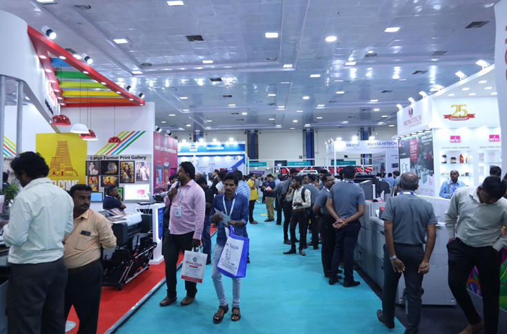 PrintExpo 14th edition inauguration featuring industry leaders from Canon India, Konica Minolta, Monotech Systems, and Messe Frankfurt, showcasing printing machinery, technology innovations, and networking among print professionals