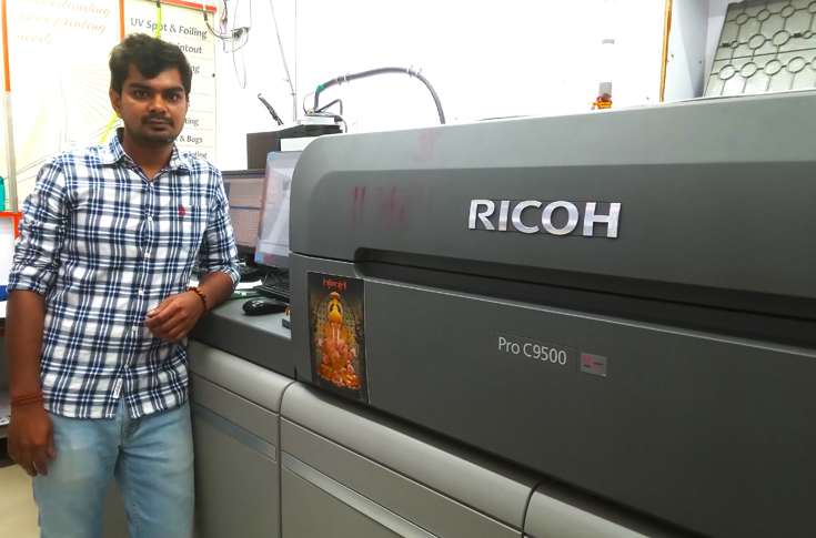 Bombay Enterprise operating Ricoh Pro C9500 digital press for high-volume commercial printing, textured graphics, and bespoke print products like business cards and brochures