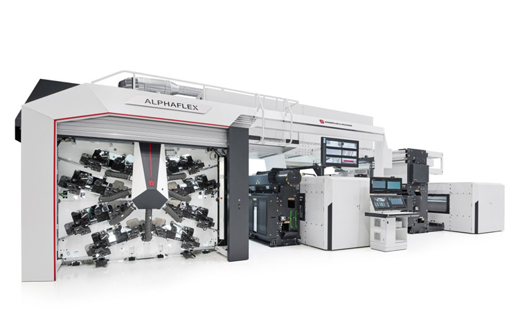 W&H Alphaflex flexographic printing press designed for flexible packaging production, showcasing high-speed operation, energy-efficient dryers, and advanced printing technology for paper and film substrates