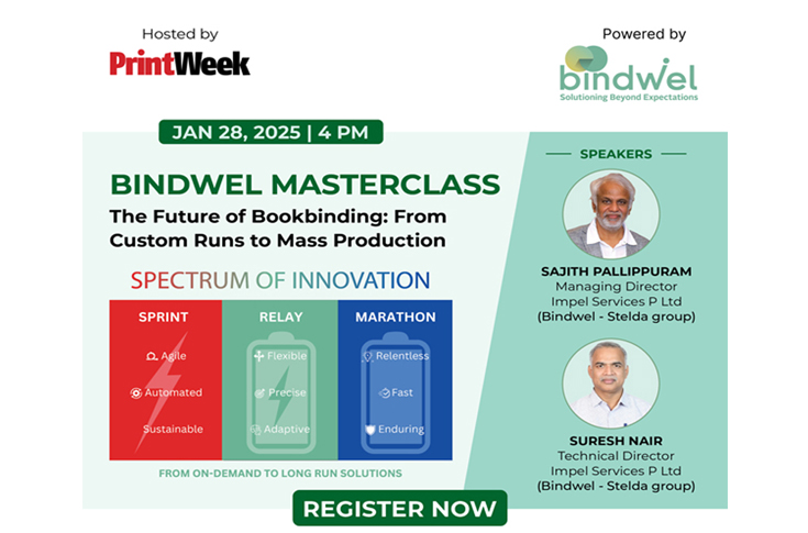 Bindwel webinar session featuring Sajith Pallippuram and Suresh Nair discussing modern bookbinding solutions, short-run production, and publishing industry innovations