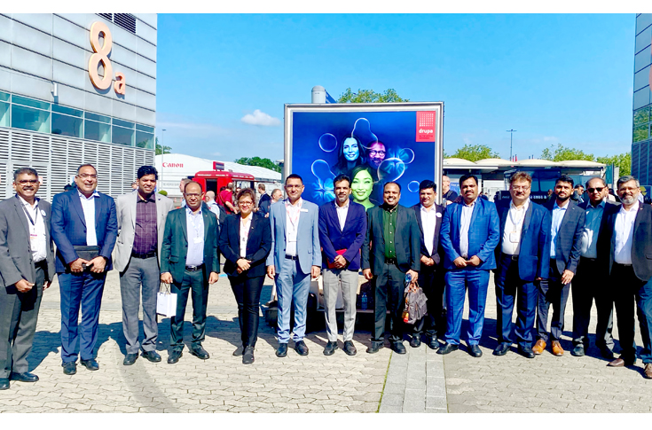 TechNova team assisting visitors at Drupa 2024 across partner booths showcasing digital presses, CTP systems, post-press equipment, flexo plates, inks, and packaging software