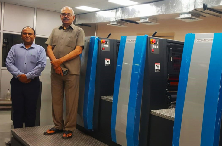 Gita Press printing facility showcasing Komori Lithrone offset presses used for high-volume production of religious and spiritual books, including Gita, Ramayana, and Puranas, highlighting large-scale publishing operations and modernised printing technology