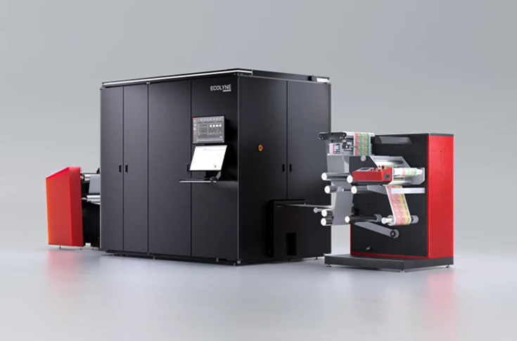 Digital label printing press in operation, illustrating flexible, subscription-based production, scalable capacity, and modern label manufacturing technology for small converters