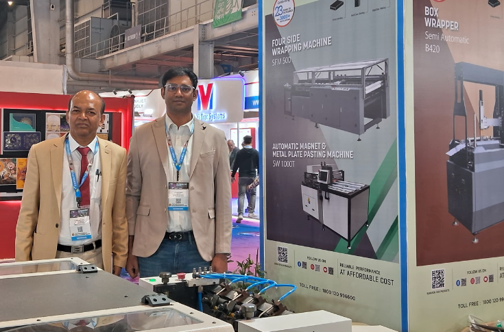 Electro Mec displaying automated perfect binders, case makers, and rigid box-making machines from its Diamond Series at PrintPack 2025