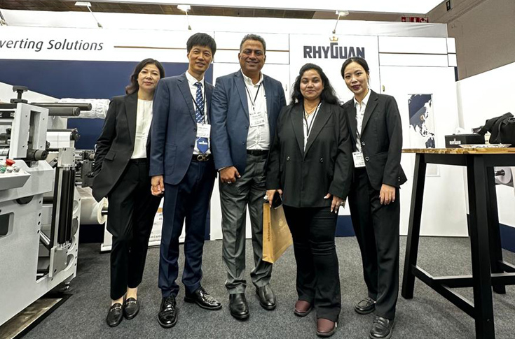 Rhyguan label finishing machines including Plus-330 modular system, Smart AI inspection unit, and TOP digital die-cutting equipment showcasing advanced label production technology