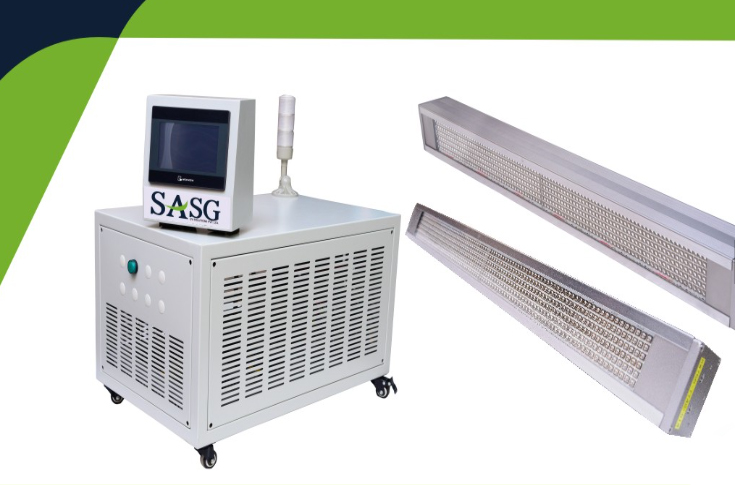 Retrofit LED UV curing system by SASG UV Solutions displayed for high-speed ink drying across offset, flexo, and rotogravure printing machines